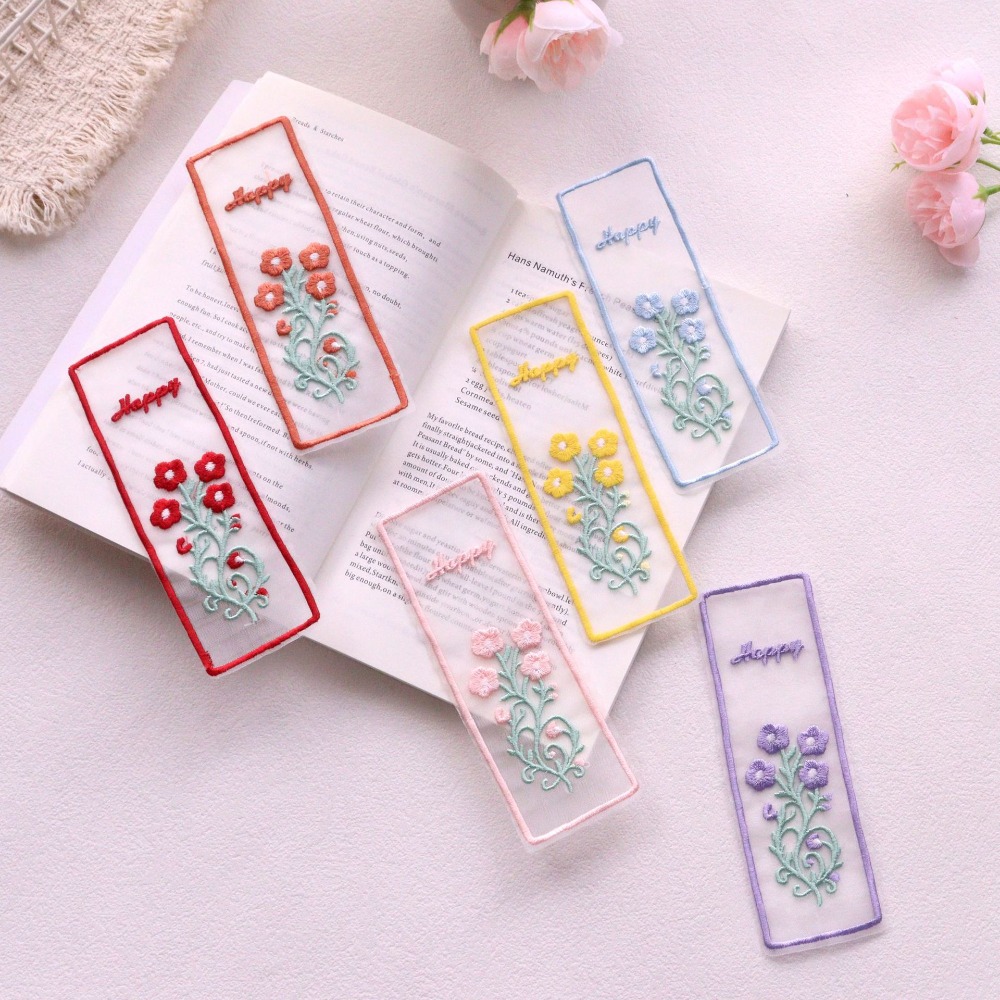 Dried Flower Bookmark - クリエイティブな透明オーガンザブックマーク 花柄刺繍長方形ブックマーク